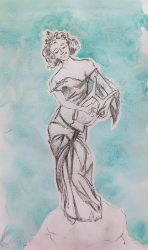 Dessin au crayon d'une sculpture de femme tenant une lyre. Fond à l'aquarelle bleu