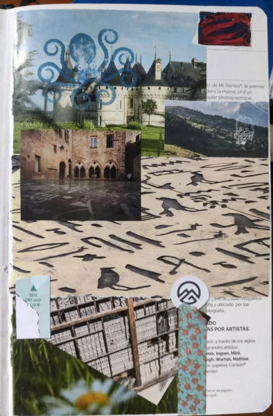 Page de carnet avec des images découpées et collées les unes débordant sur les autres