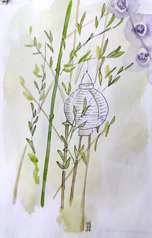 Dessin épuré de quelques tiges de bambou et d'une lampe ronde