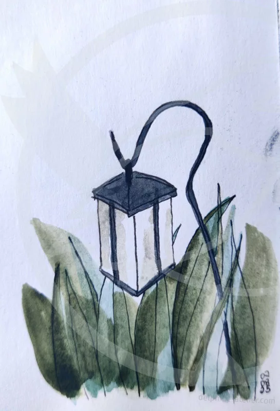 Croquis épuré d'une lampe dans des feuilles