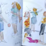 Des personnes croquées très rapidement à la mine de plomb avec quelques touches de couleurs - "03/08/25"