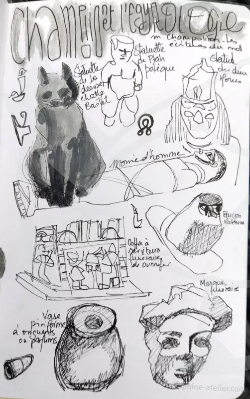"Champollion et l'égyptologie" et des croquis d'éléments exposés