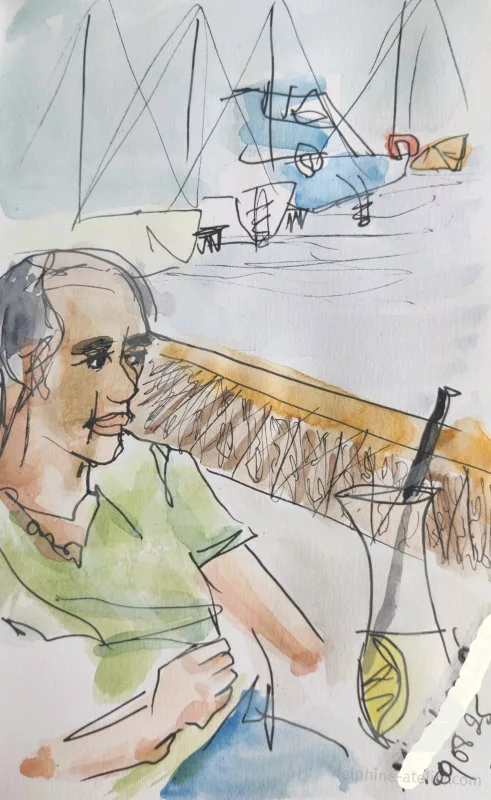 Aquarelle et feutre fin vite-fait d'un homme avec un cocktail devant une marina