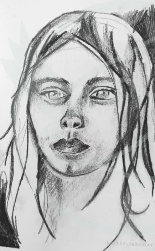 Portrait au crayon d'une jeune fille aux yeux clairs