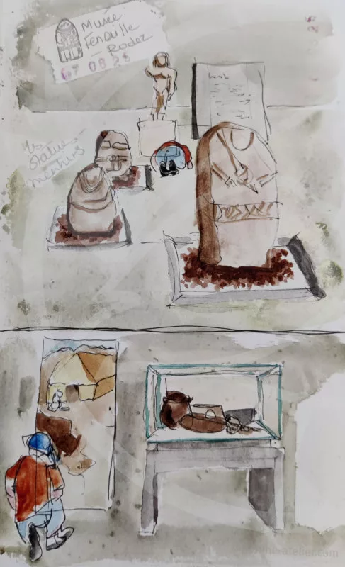 "Musée Fenaille – Rodez", "Les statues-menhirs" – Croquis de deux vues du musée (statues-menhirs, vitrine, tableau illustratif, un enfant en train de remplir un questionnaire)