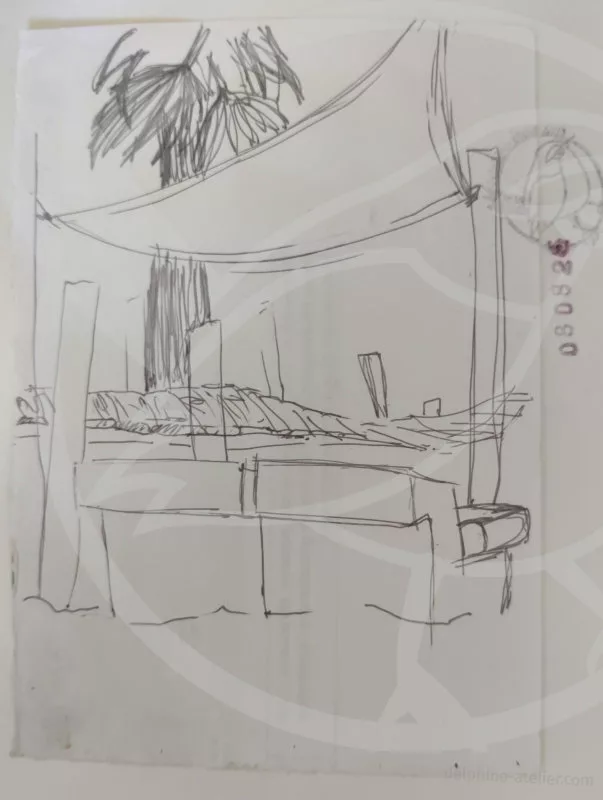 Croquis au trait où on devine peut-être un palmier, un canapé, une voile d'ombrage