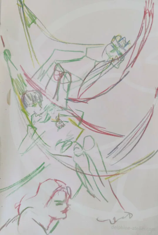 Dessin au crayon multicolore d'une personne dans un hamac, trois fois (postures et personnes différentes)