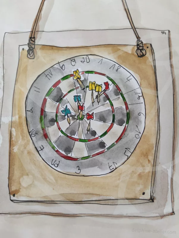 Dessin à l'aquarelle et au feutre d'une cible de fléchettes (le délimitage des zones de scores et les points sont loin d'être rigoureux)