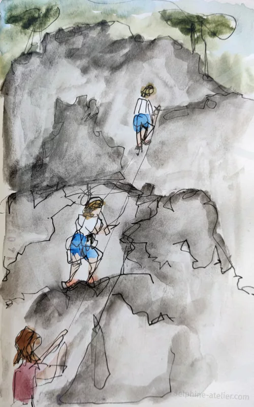 Croquis au feutre fin et à l'aquarelle montrant deux personnages (en fait, la même personne dessinées deux fois) en train d'escalader une paroi avec une assureuse
