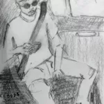 Dessin au crayon d'un jeune homme habillé tout en blanc assis à l'arrière d'une voiture en train de regarder son téléphone