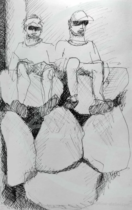 Dessin un peu style BD au feutre de deux jeunes hommes assis en haut d'un mur de gros rochers