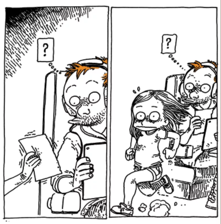 Deux vignettes d'une BD où un homme étonné reçoit de la main d'une petite fille qui s'en va en courant une feuille de papier