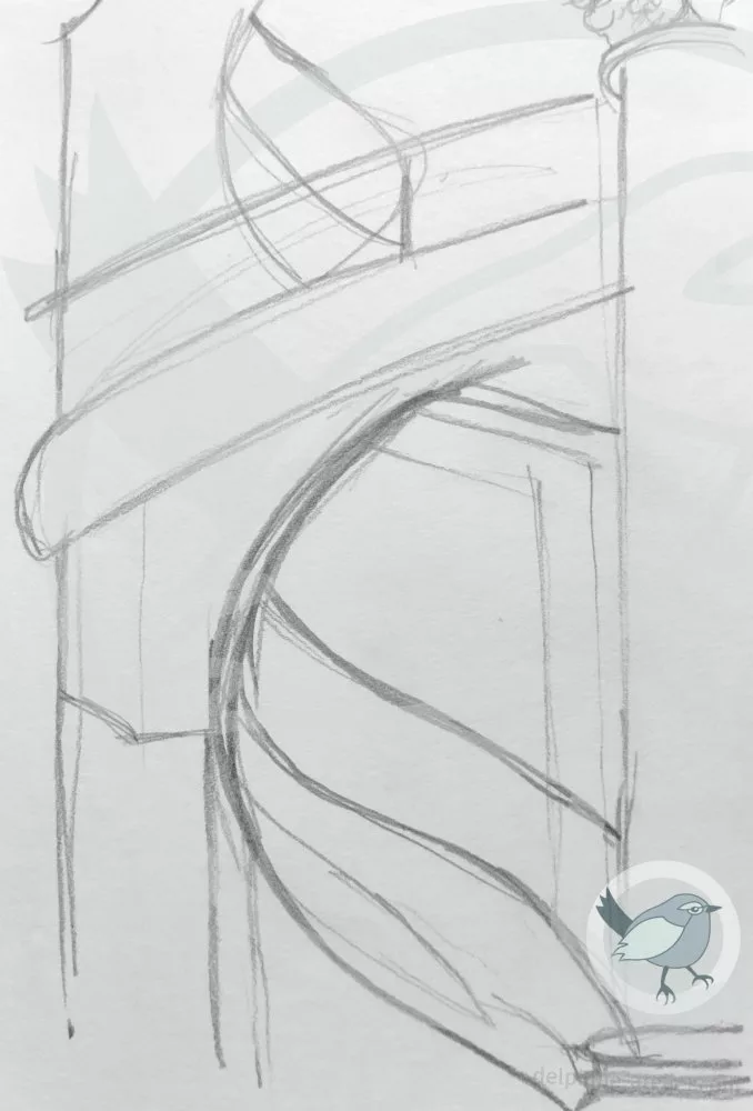 Croquis à la mine de plomb où on devine à peine des éléments architecturaux (en fait, une colonne, un escalier et sa balustrade)