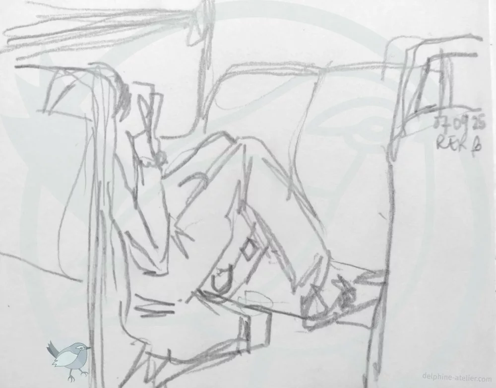 Croquis à la mine de plomb d'une personne regardant son téléphone dans le RER, les pieds sur le siège d'en face "07 09 25 RER B"