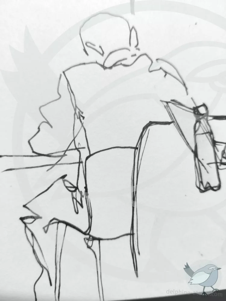 Croquis au feutre d'une personne assise de dos en train de travailler