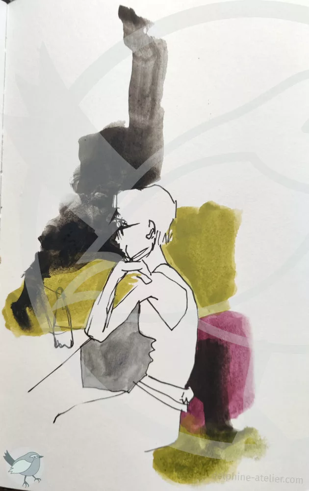 Croquis au feutre d'une personne assise de profil + des traces en couleurs qui l'entourent