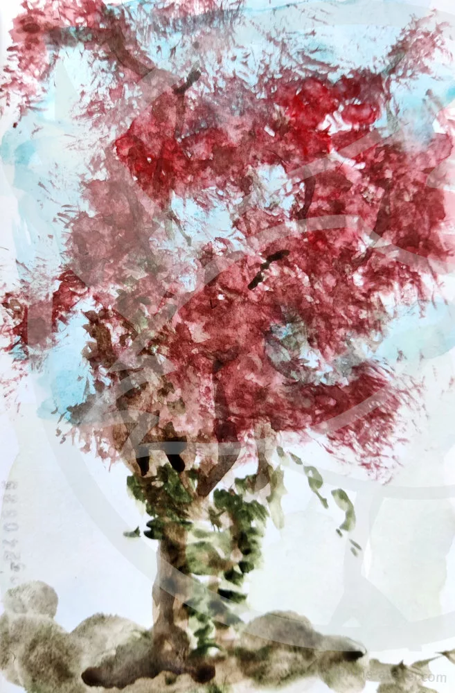 Un arbre rouge à l'aquarelle
