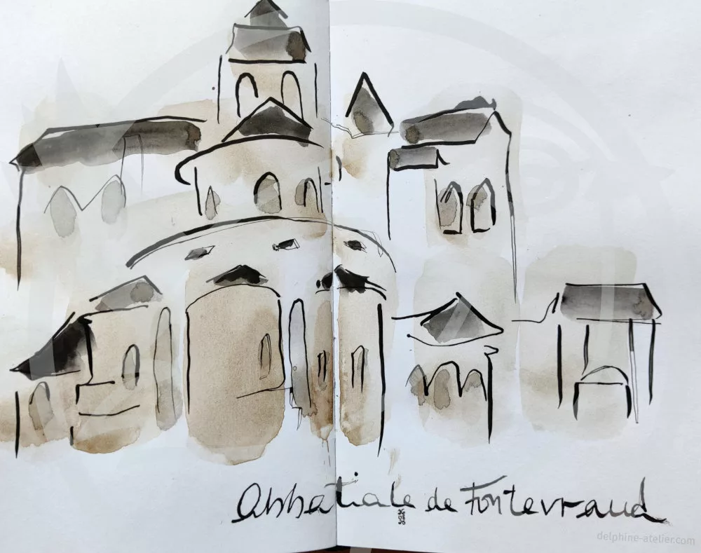 Le chevet d'une abbatiale avec plein de chapelles tracé à la va-vite à la plume et encre noire avec des touches d'aquarelle ocre-brun