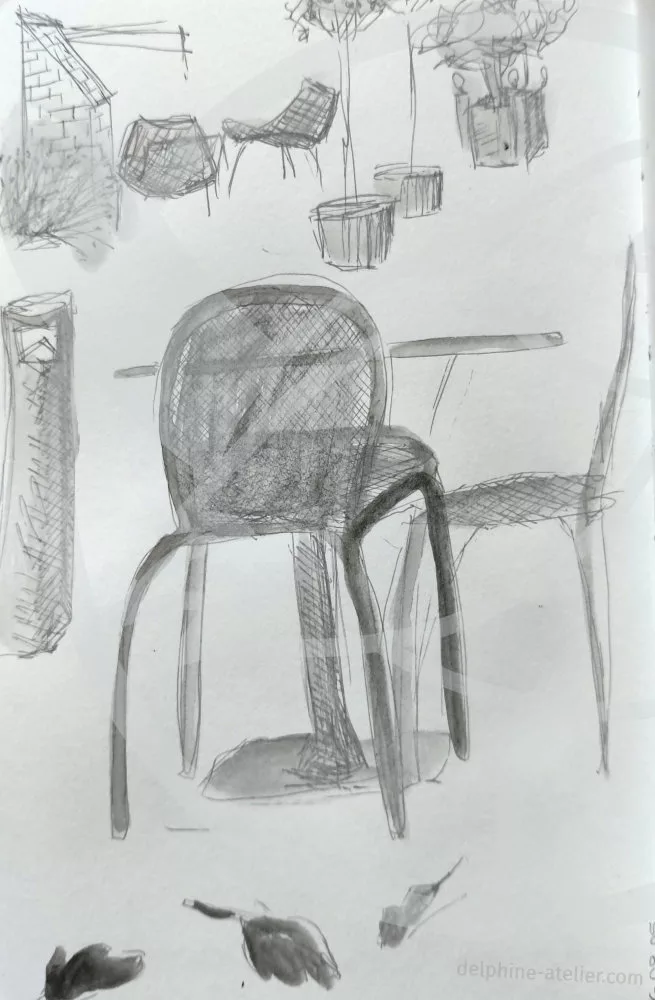 Des chaises et pots de plante au stylo et aquarelle gris