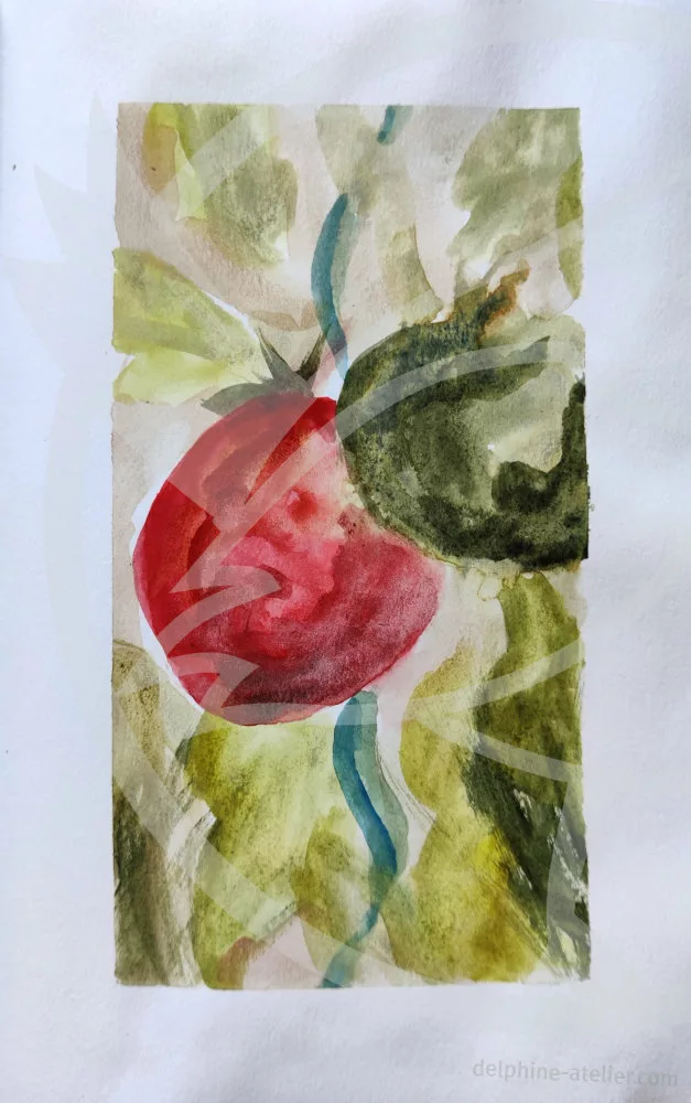 Deux tomates, une verte, une rouge à l'aquarelle