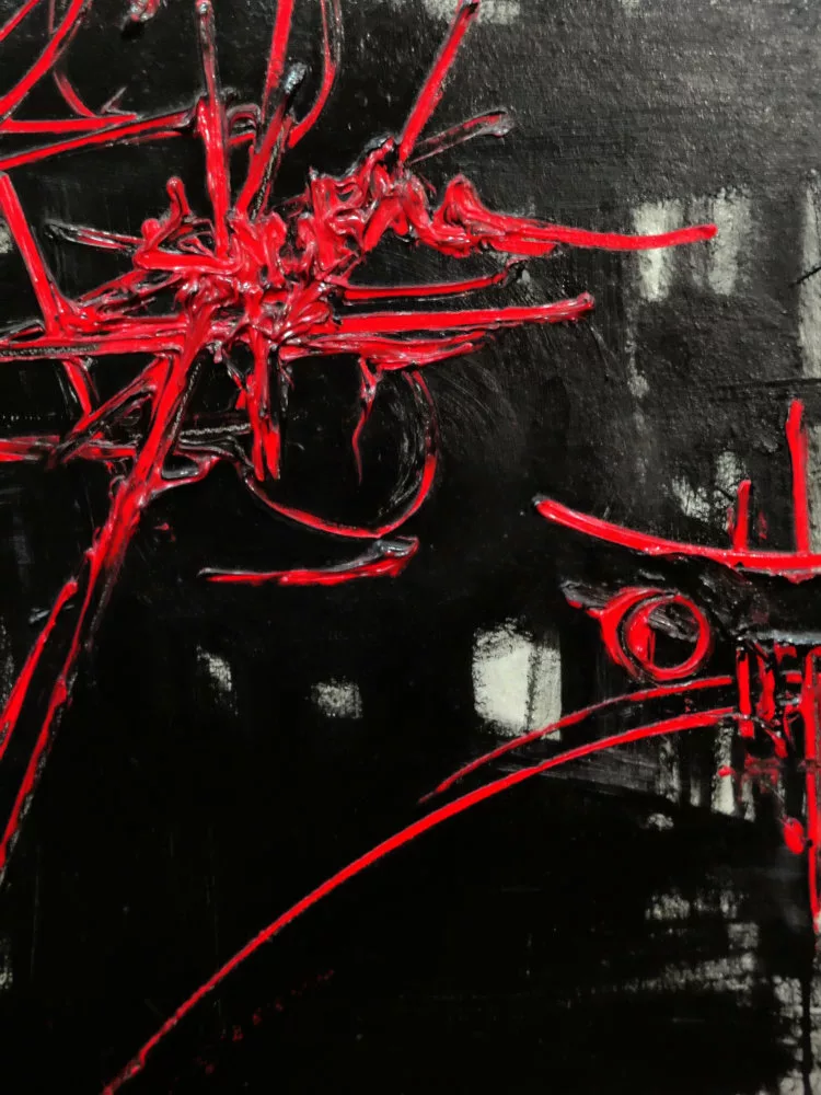 Détail d'un tableau fait de traces rouges probablement faites directement avec le tube sur fond noir