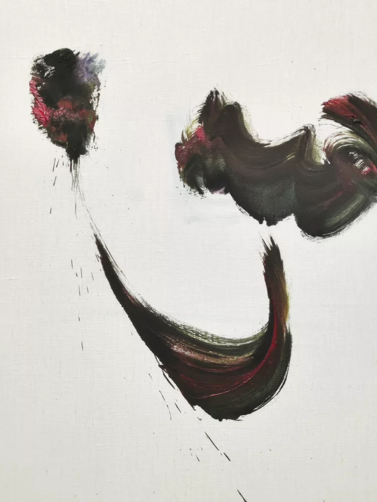Gros plan sur une trace faite avec un outil (pinceau large ?) chargé de plusieurs couleurs en même temps, avec une majorité de teintes sombres