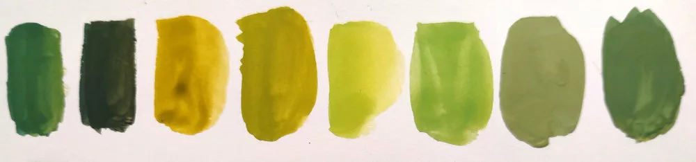 Huit différents tons de vert, d'un vert presque noir à un vert citron en passant par du kaki