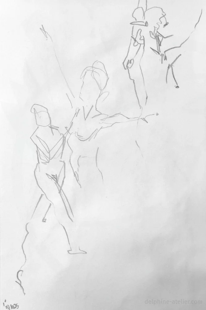 Planche de trois croquis d'une même femme dans des positions différentes traversant la page de bas en haut et de gauche à droite, à la mine de plomb
