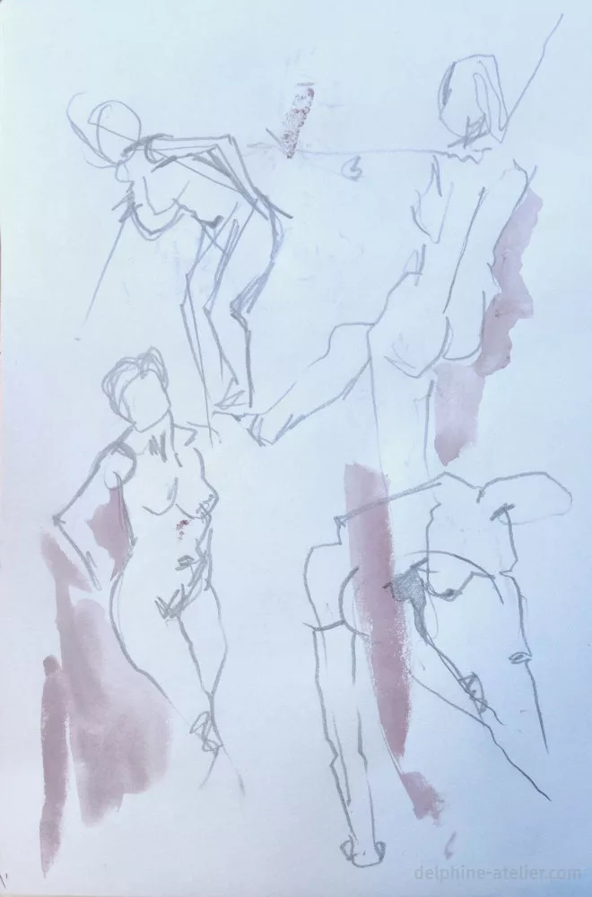 Planche de quatre croquis d'une même femme dans des positions différentes, à la mine de plomb avec des rehauts d'aquarelle