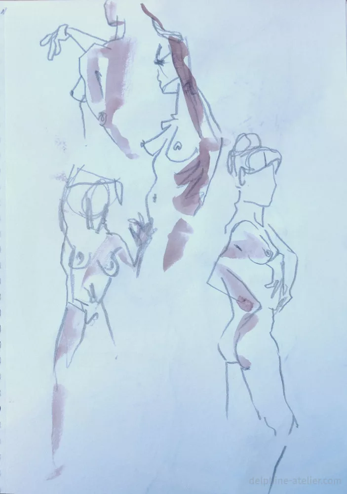 Planche de quatre croquis d'une même femme dans des positions différentes, à la mine de plomb avec des rehauts d'aquarelle