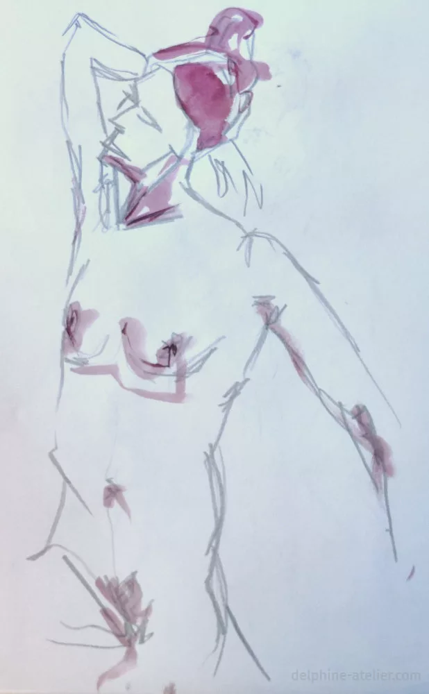 Croquis à la mine de plomb d'une femme levant légèrement la tête sur le côté, un bras replié derrière la tête. Quelques traces d'aquarelle