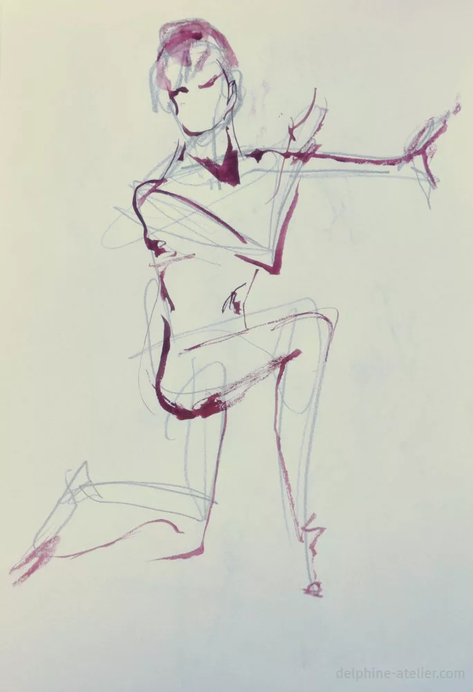 Croquis aux traits nerveux (mine de plomb et pinceau fin chargé d'aquarelle dense) d'une femme un genou à terre