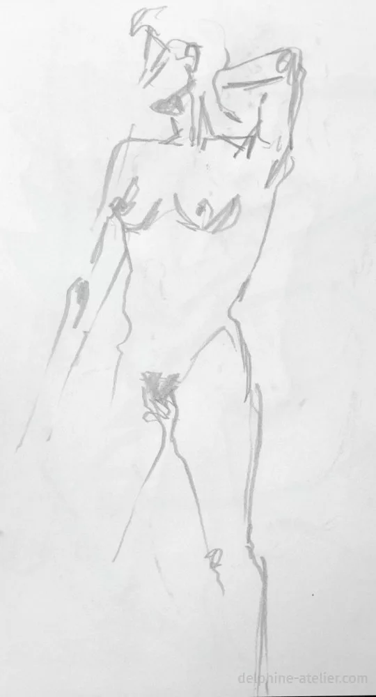 Croquis à la mine de plomb d'une femme debout regardant vers l'arrière avec une main sur la nuque