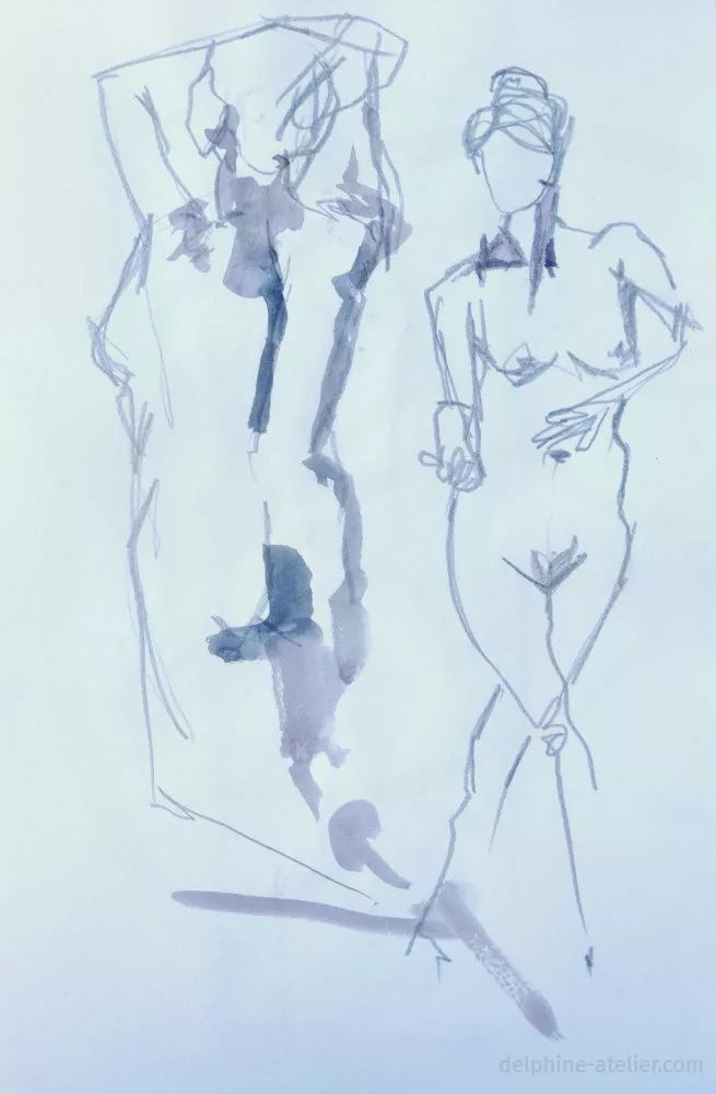 Deux croquis : une femme à genoux, de dos, mains sur la tête et une femme debout, une jambe croisée devant l'autre, mains en avant