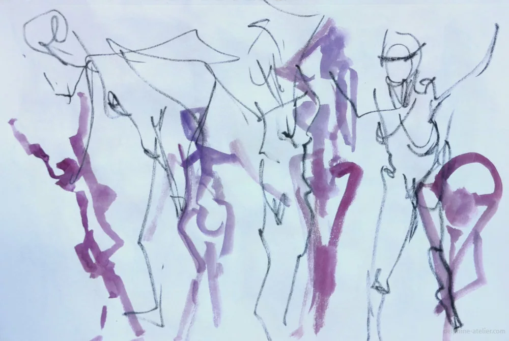 Planche de croquis de corps faits très rapidement à l'aquarelle et au feutre-pinceau