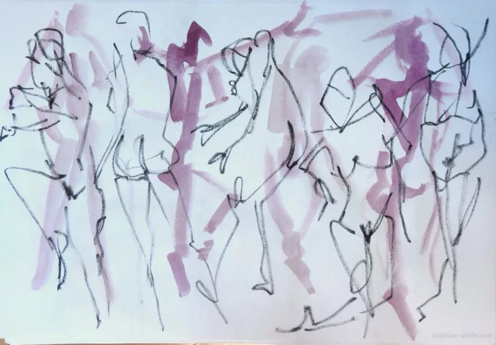Planche de croquis de corps faits très rapidement à l'aquarelle et au feutre-pinceau