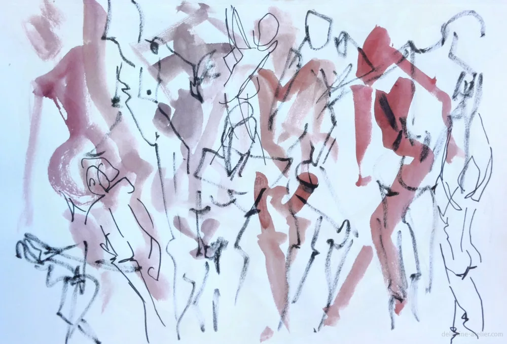 Planche de croquis de corps faits très rapidement à l'aquarelle et au feutre-pinceau