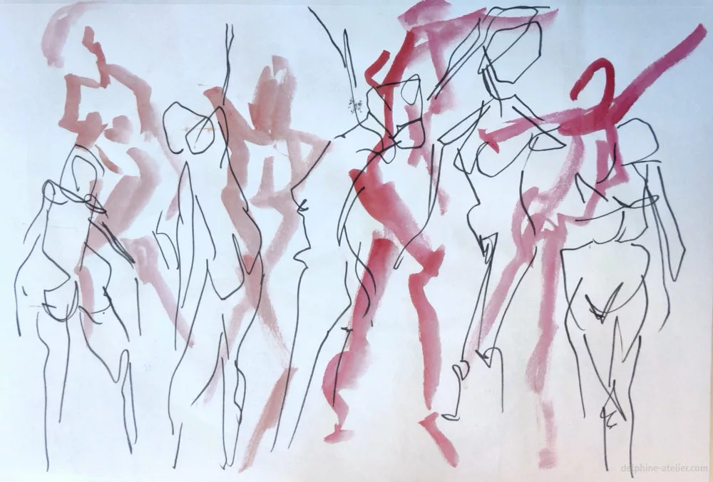 Planche de croquis de corps faits très rapidement à l'aquarelle et au feutre