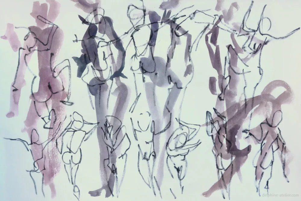 Planche de croquis de corps faits très rapidement à l'aquarelle et au feutre-pinceau