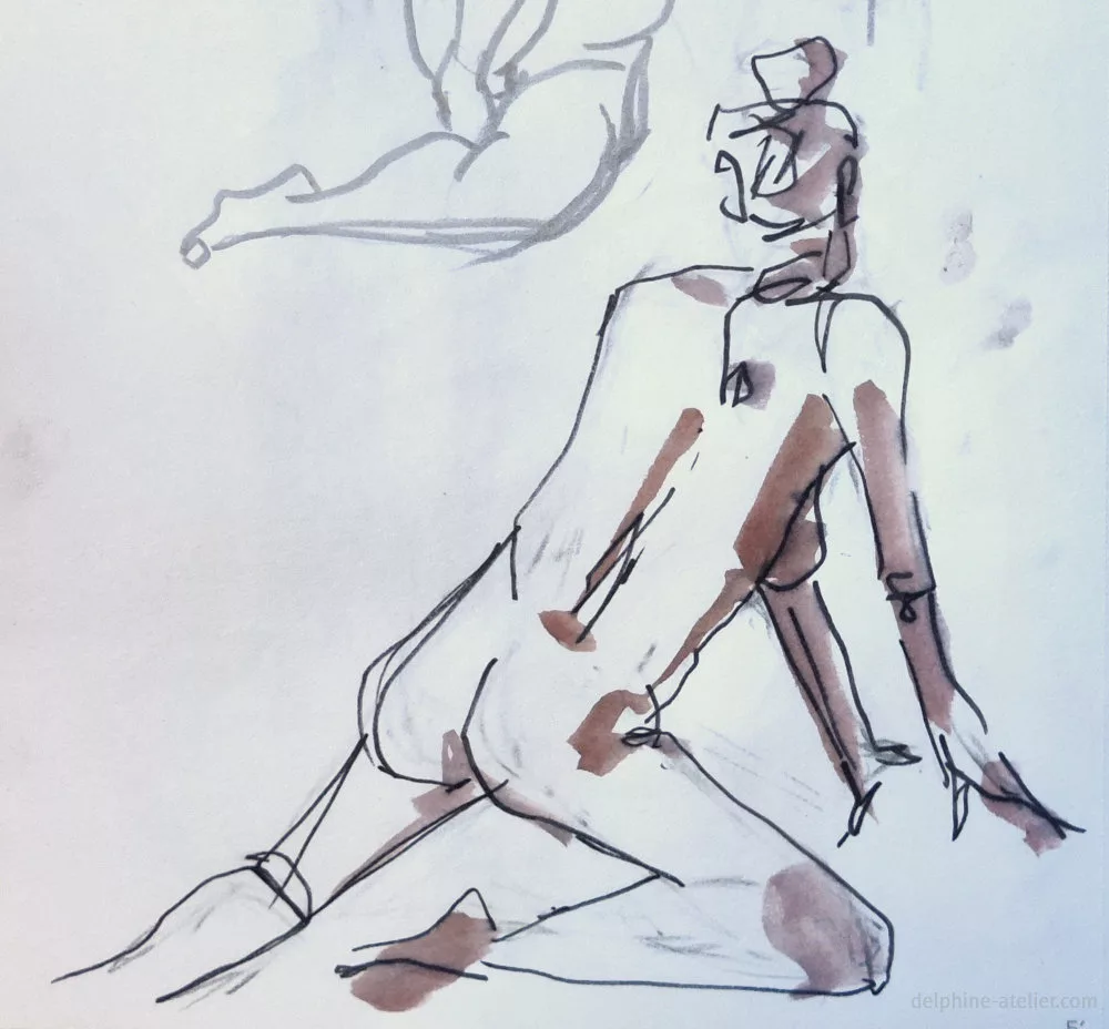 Croquis d'une femme de dos appuyée presque au sol sur ses mains. Feutre fin et aquarelle. On voit que le feutre n'est pas résistant à l'eau et que l'aquarelle est venu le faire réagir