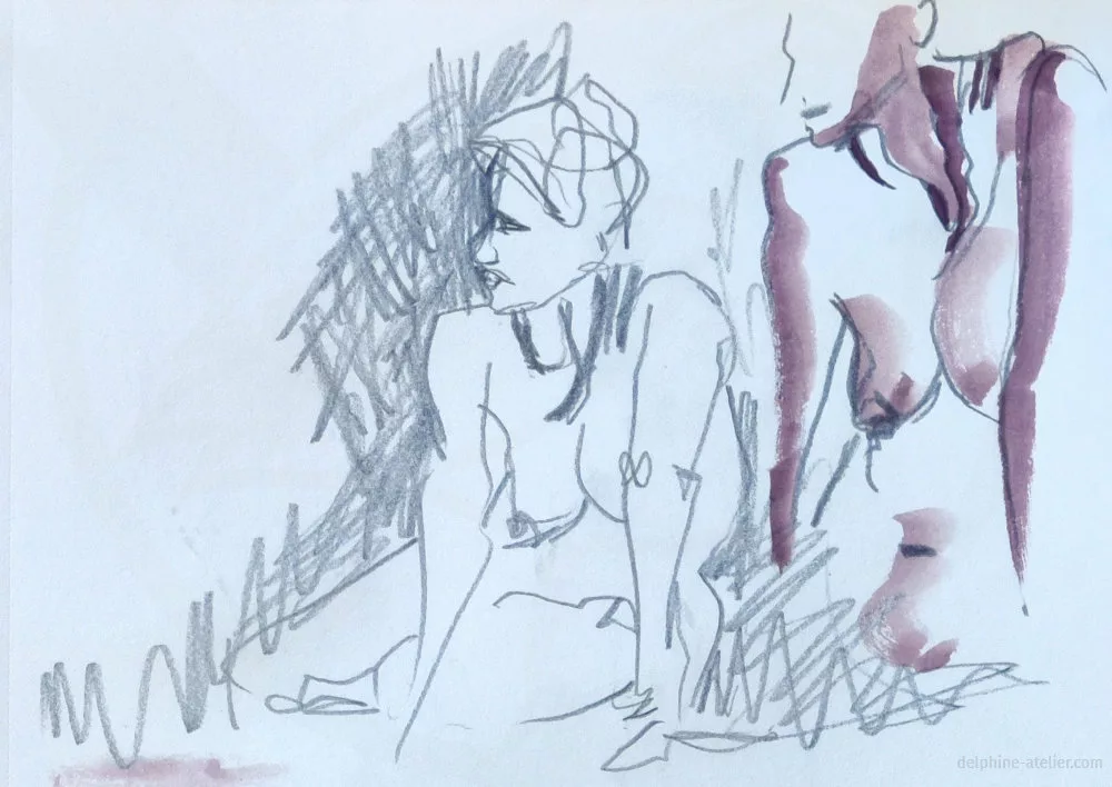 Deux croquis de la même pose : un au crayon avec des hachures nerveuses faisant le tour et l'autre au crayon avec des traces d'aquarelle venant souligner certains relief du corps