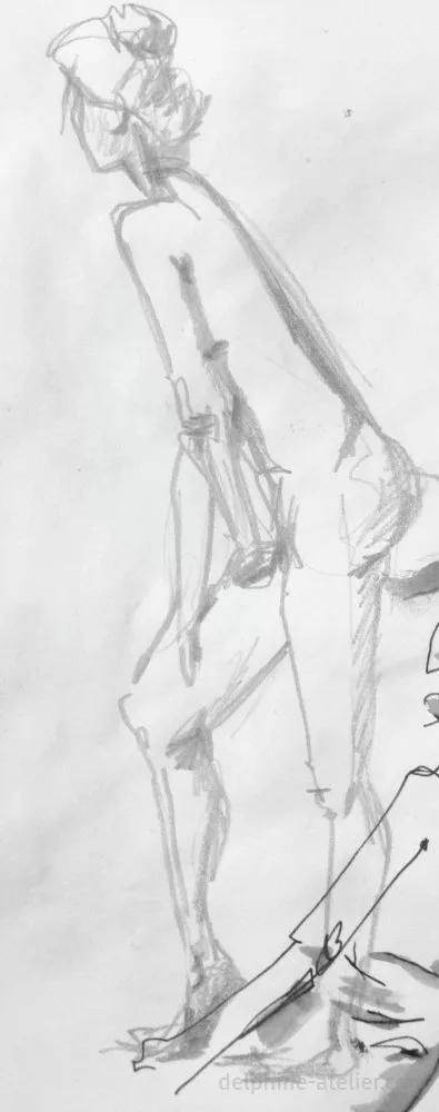 Croquis au crayon d'une femme debout appuyée sur une de ses cuisses