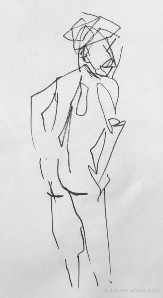 Croquis au feutre fin d'une femme de dos se retournant légèrement