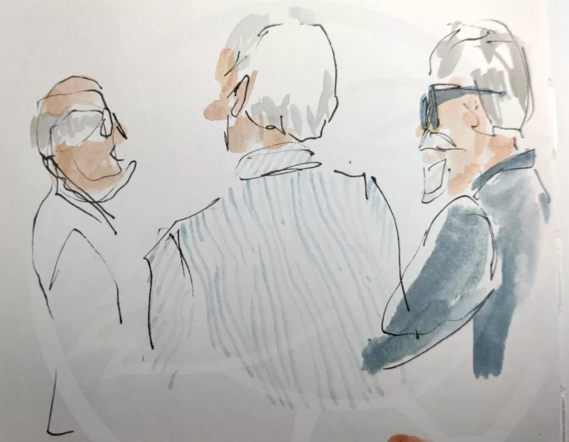 Trois hommes aux cheveux blancs en train de discuter dessinés vite-fait au feutre fin noir avec des touches d'aquarelle