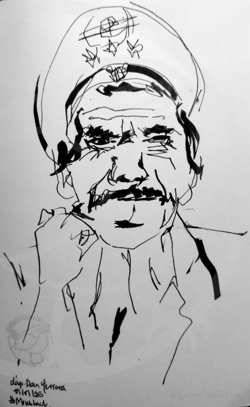 Un homme ridé - moustachu - avec une casquette type militaire à l'encre noire aux traits fins et épais