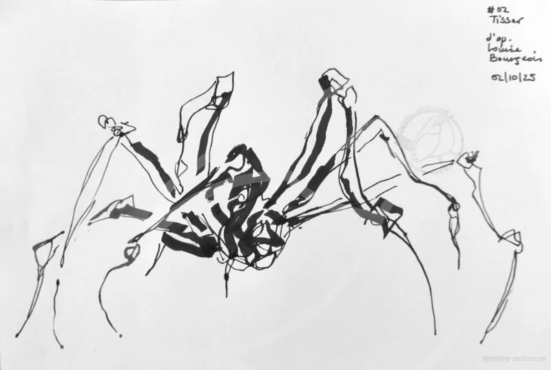 Une araignée stylisée à l'encre noire aux traits fins et épais