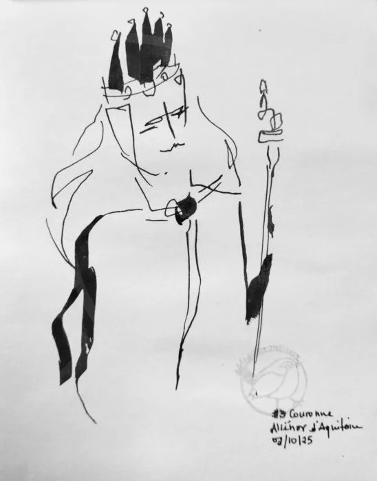 Une femme fière portant une couronne et avec un sceptre à l'encre noire aux traits fins et épais