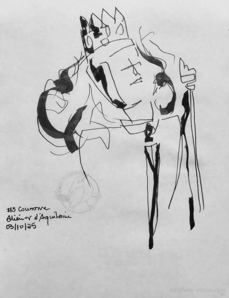 Une femme très fière portant une couronne et avec un sceptre à l'encre noire aux traits fins et épais