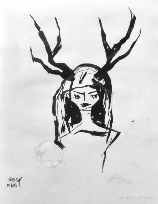 Une jeune femme avec des bois de cerf à l'encre noire aux traits fins et épais