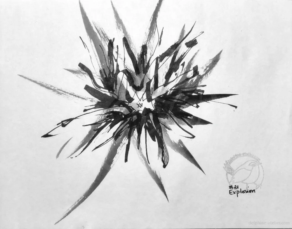 Des traits partants comme d'une explosions ; épais, fins, noirs, gris